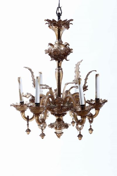 Lampadario a Sei Luci in Vetro di Murano