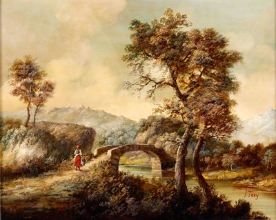 Artista del XIX Secolo Paesaggio con Viandante sul Ponte.