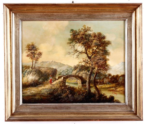 Artista del XIX secolo Paesaggio con viandante sul ponte.