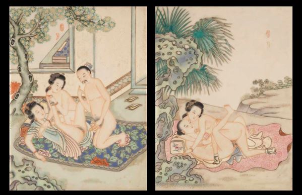 Coppia di placche in porcellana raffiguranti scene erotiche, Cina, inizio XX secolo