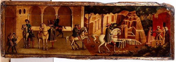 Frontone su tavola dipinta in stile quattrocentesco con scene   cavalleresche