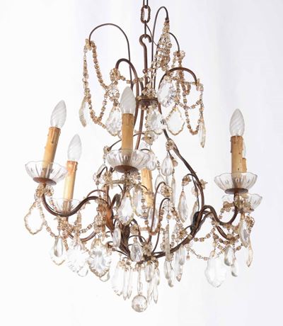 Lampadario a Sei Luci in Metallo e Cristalli, XIX-XX Secolo