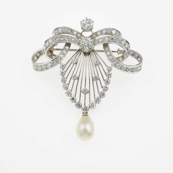 Diamond, pearl and platinum brooch