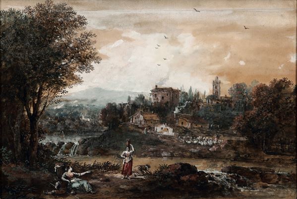 Paesaggio con contadine in riva a un fiume