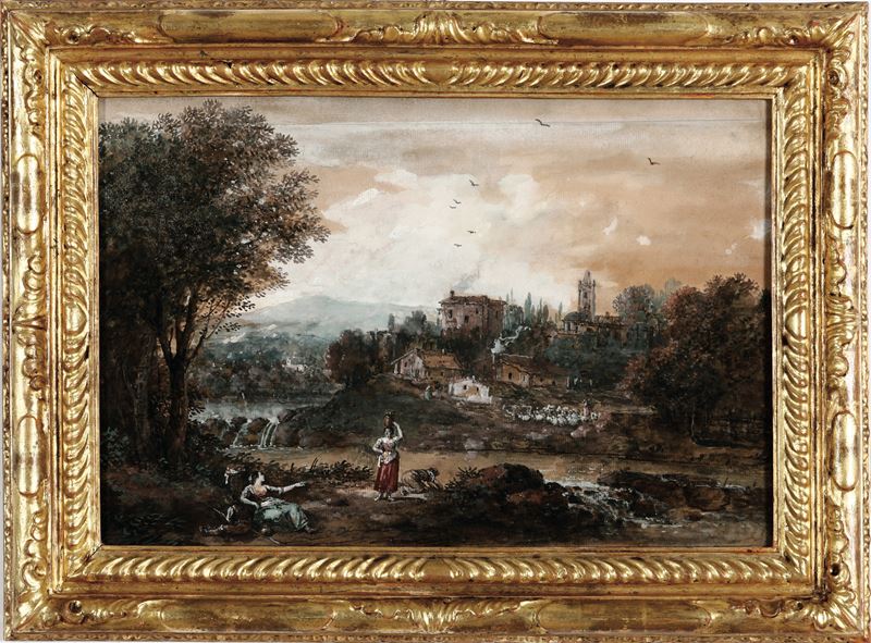 Francesco Zuccarelli : Paesaggio con contadine in riva a un fiume  - gouache su carta - Asta Dipinti Antichi - Cambi Casa d'Aste
