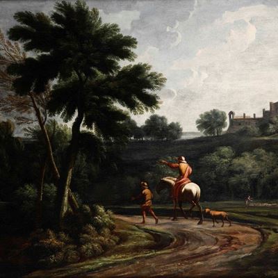 Scuola romana del XVIII secolo, Paesaggio con cavaliere, olio su tela