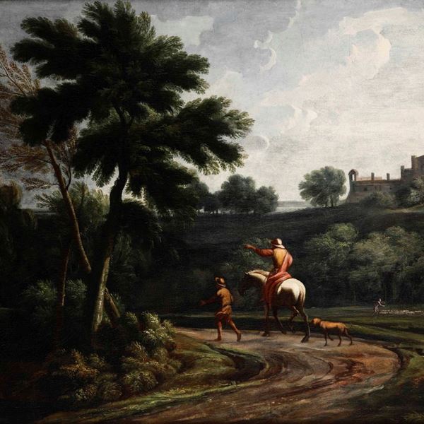 Scuola romana del XVIII secolo Paesaggio con cavaliere