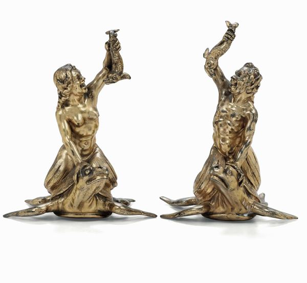 Tritone e Sirena, bronzo dorato e cesellato, fonditore del XVII secolo