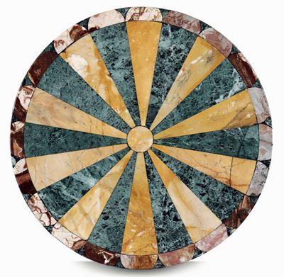 Piano di Forma Circolare Lastronato in Marmi Policromi, Decoro a Raggiera. XIX - XX Secolo