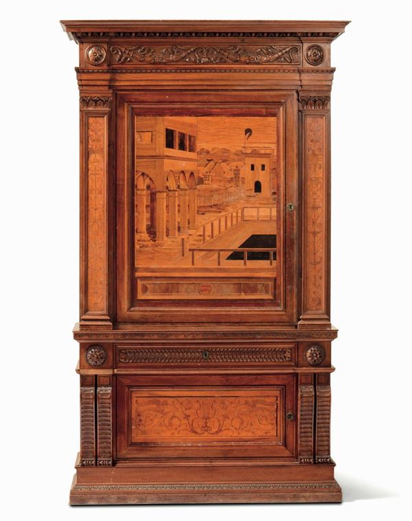 Stipo in legno intagliato ed intarsiato. Lombardia XX secolo, tarsie firmate Francesco Ferrario (Caravaggio 1875 - Milano 194),