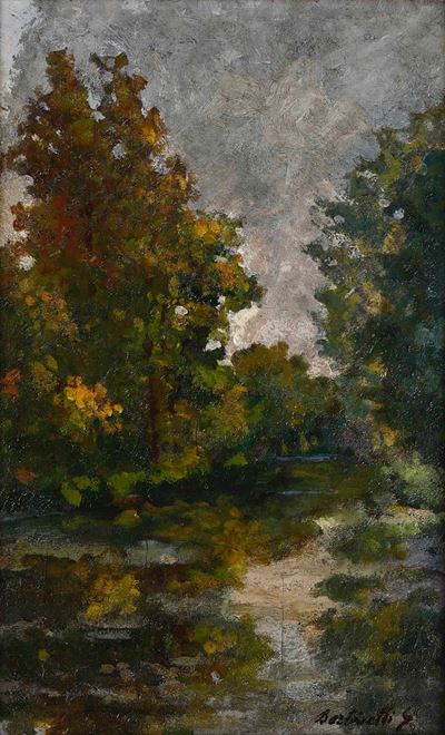 Paesaggio lacustre, olio su tavola