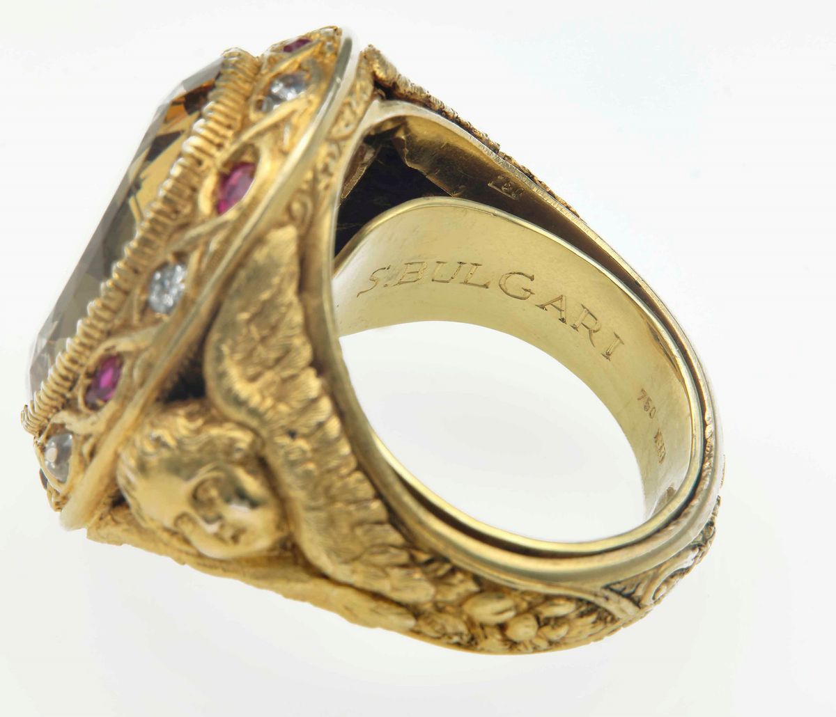 S.bulgari. Raro Anello con Quarzo Citrino con Piccoli Diamanti e Rubini a Contorno