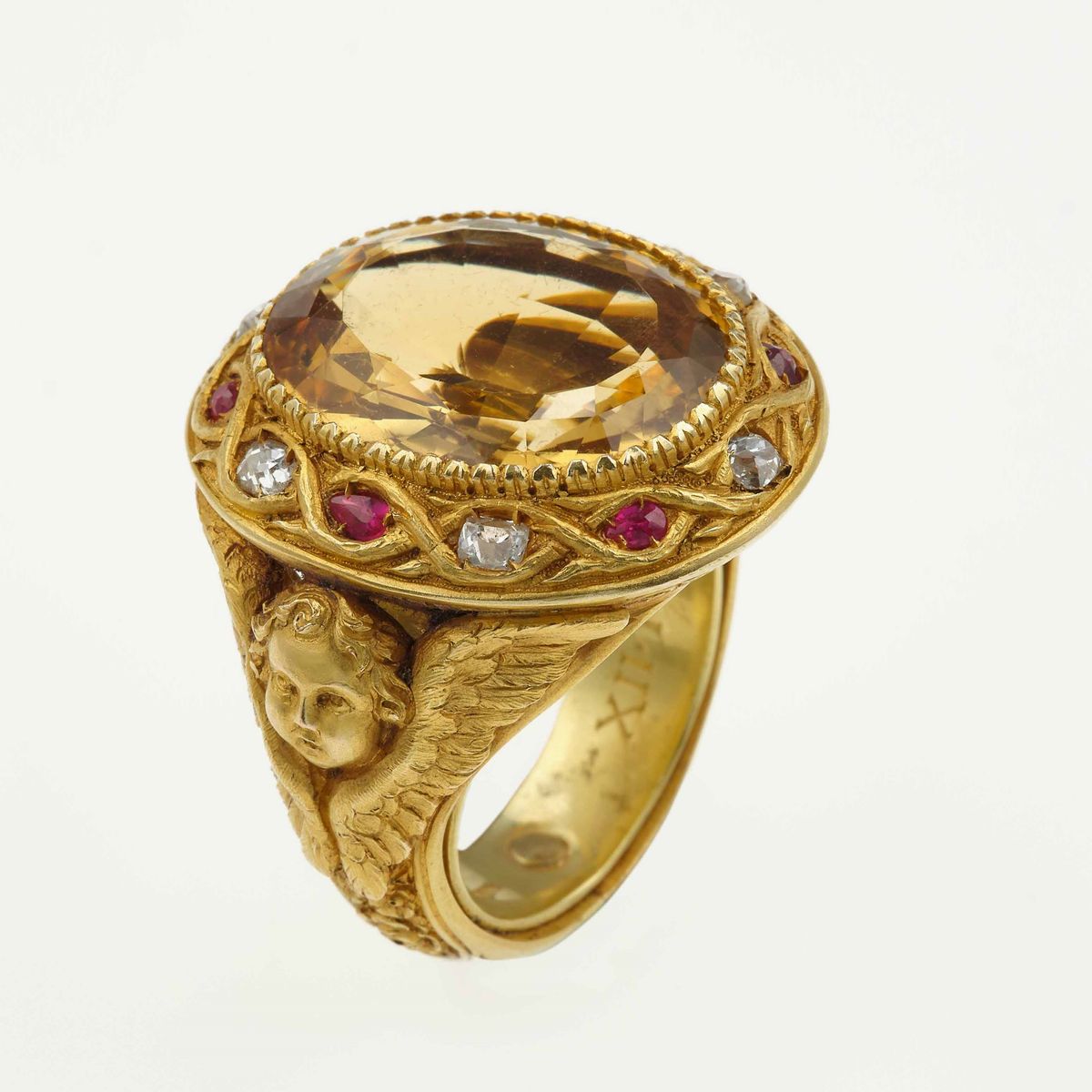 S.bulgari. Raro Anello con Quarzo Citrino con Piccoli Diamanti e Rubini a Contorno
