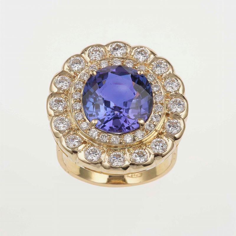 Tanzanite and diamond cluster ring; accompanied by a gemological report  - Auction Fine and Coral Jewels - Cambi Casa d'Aste