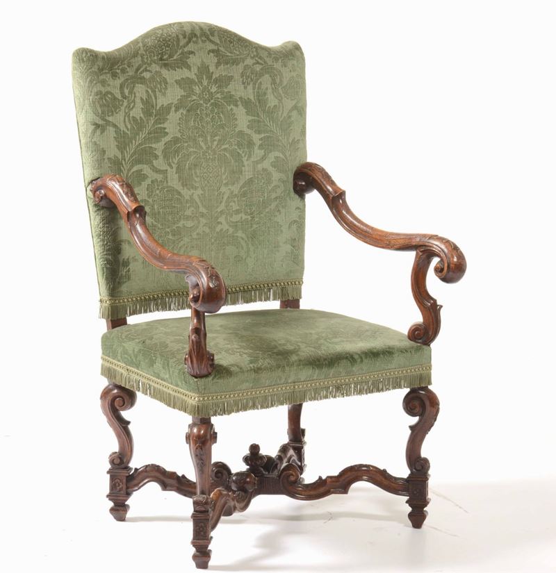 Poltrona in legno intagliato. XVIII-XIX secolo  - Auction A Lombard Property | Cambi Time - Cambi Casa d'Aste