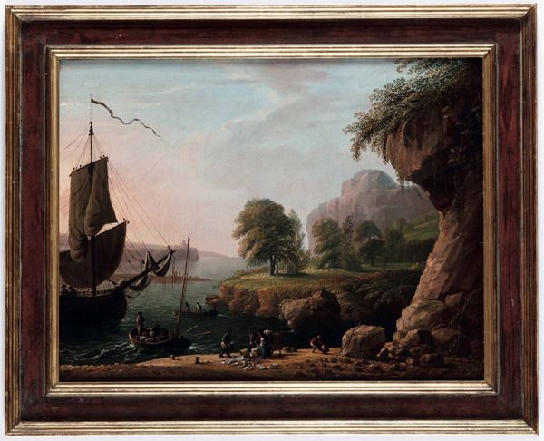 Scuola fiamminga XVIII secolo Paesaggio con pescatori