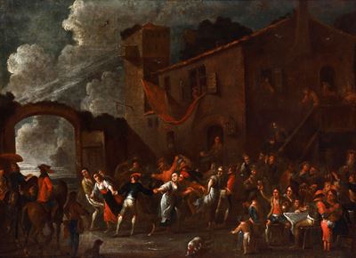 Scuola fiamminga del XVIII secolo, Festa di paese, olio su tela
