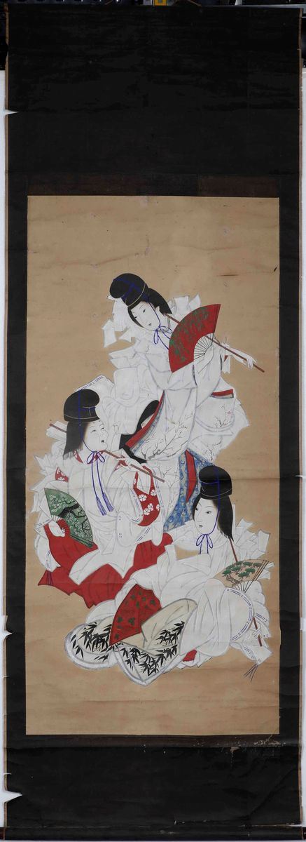 Dipinto su carta raffigurante Geishe, Giappone, periodo Meiji  (1868-1912)