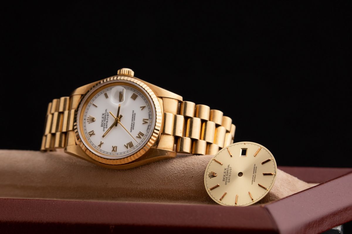 Rolex - Datejust Ref 16018 in Oro 18k con Bracciale President e Doppio Quadrante, Bianco con Nume...