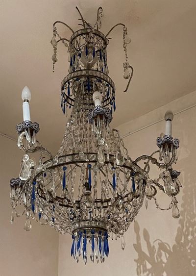 Lampadario a Mongolfiera a Sei Fiamme in Vetro e Vetro Blu Cobalto. XX Secolo