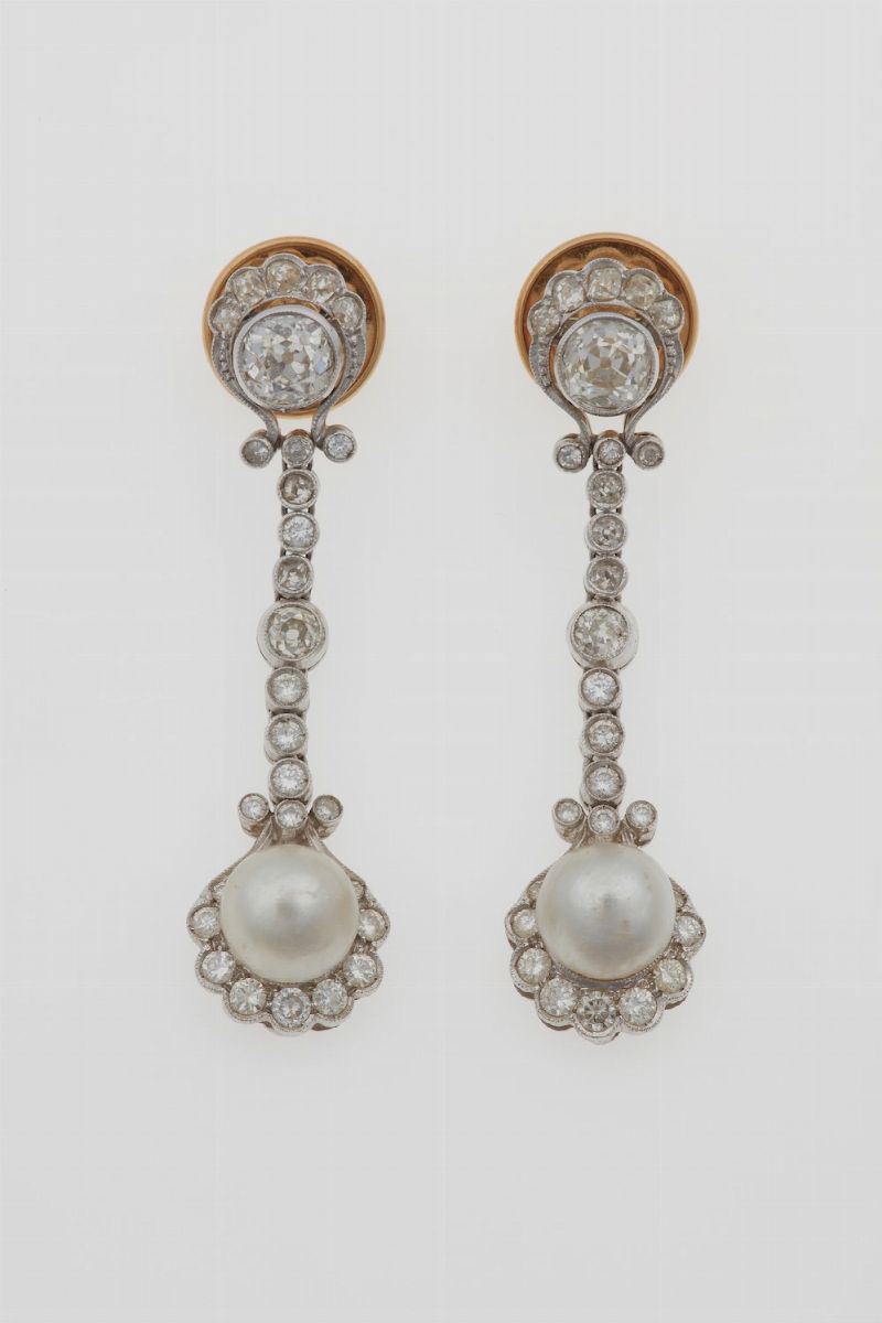 Pair of natural pearl, not checked, and diamond earrings  - Auction Fine Jewels - Cambi Casa d'Aste