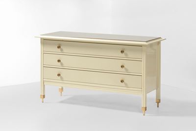Mobile Contenitore a Cassetti con Struttura in Legno Laccato, Piano in Cristallo Specchiato e Par...