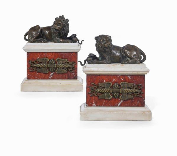 Two bronze lions on marble bases, Neoclassical art, 1800s