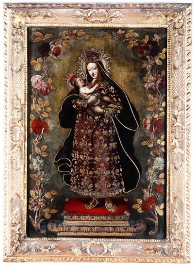 Scuola Spagnola del XVII-XVIII Secolo Madonna con Bambino Entro Ghirlanda di Fiori