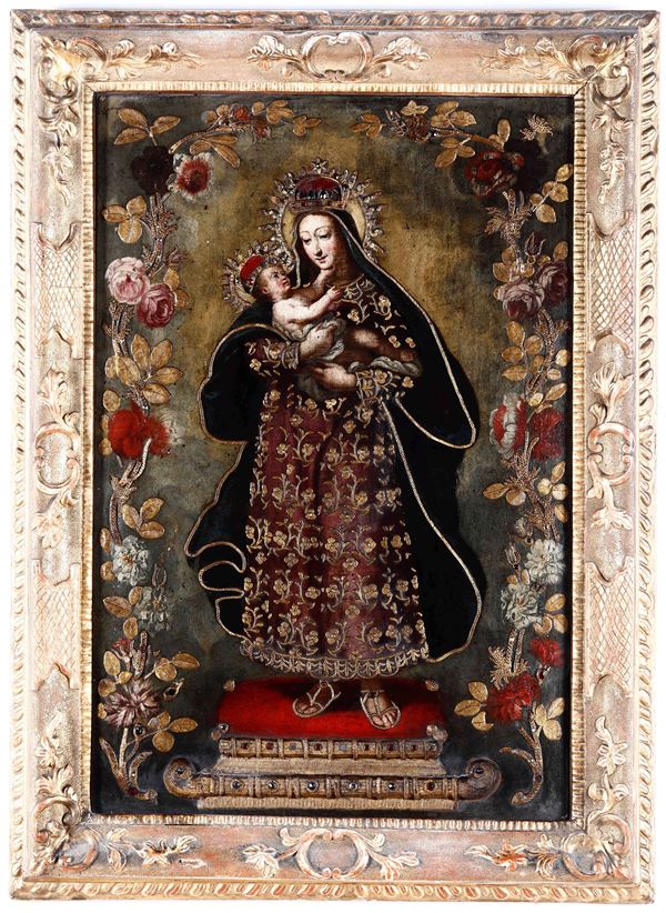 Scuola spagnola del XVII-XVIII secolo Madonna con Bambino entro ghirlanda di fiori