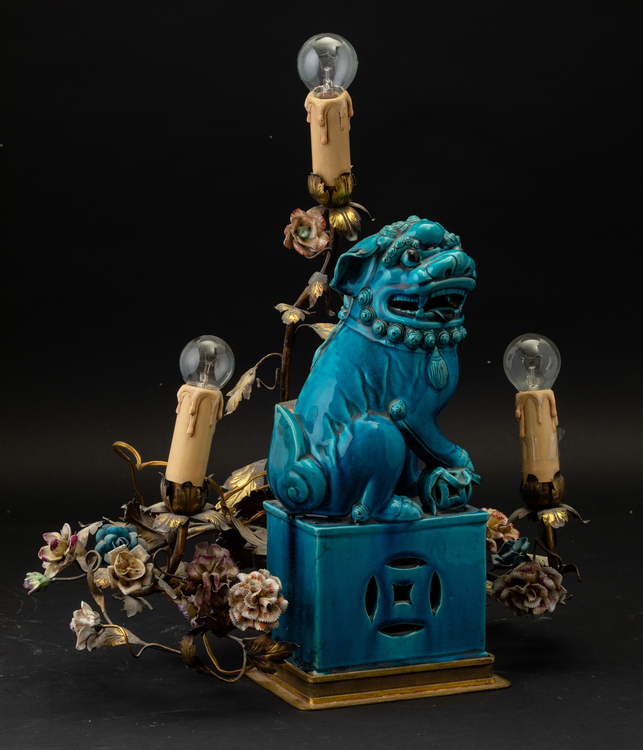 Figura di Cane di Pho in Terracotta Invetriata Color Turchese, Cina, Dinastia Qing, XIX Secolo
