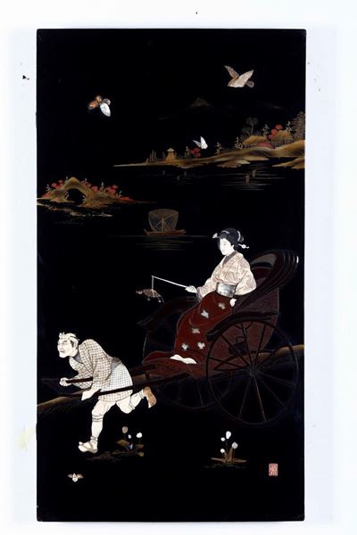 Coppia di Pannelli in Legno Laccato con Innesti in Avorio, Madreperla e Pietre Dure Raffiguranti ...