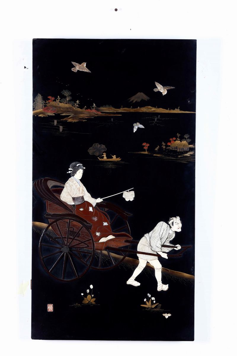 Coppia di Pannelli in Legno Laccato con Innesti in Avorio, Madreperla e Pietre Dure Raffiguranti ...