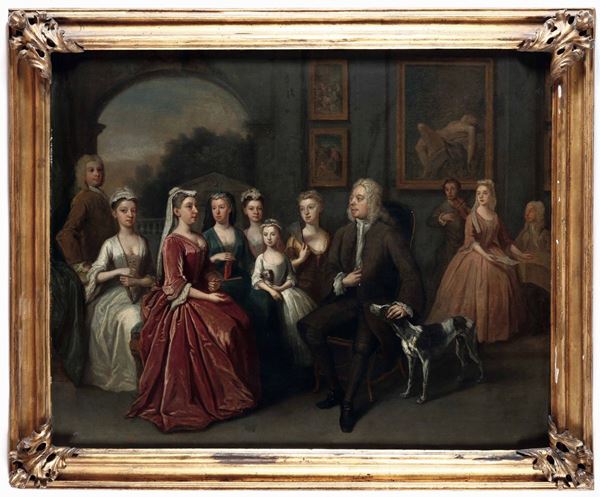 Scuola inglese del XVIII secolo Scena di interno con ritratto di famiglia