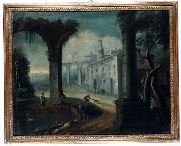 Scuola del XVIII secolo Paesaggi con architetture e personaggi