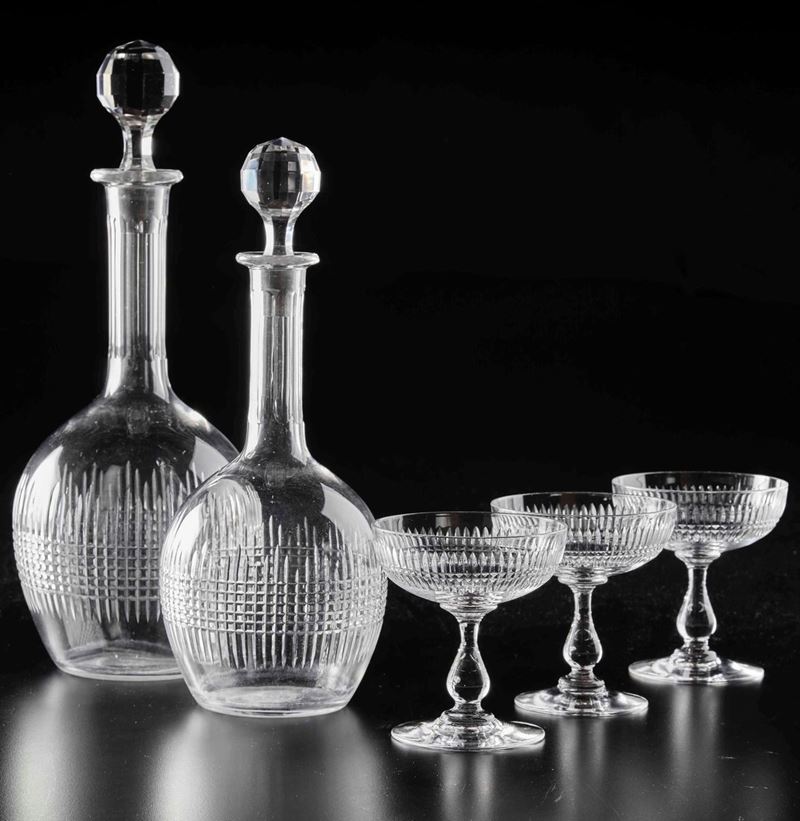 Coppia di bottiglie e nove coppe da champagne Francia, probabilmente Baccarat, XIX o inizio XX secolo  - Auction Table furniture | Cambi Time - Cambi Casa d'Aste