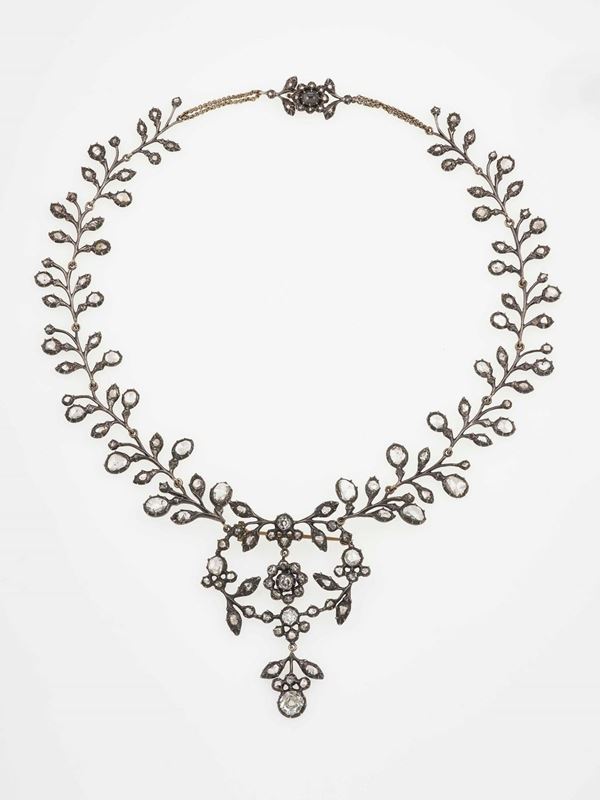 Old-cut diamond, gold and silver necklace
