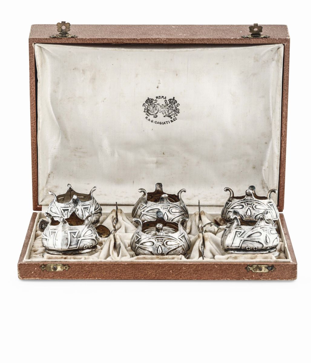 Sei Saliere in Argento con Coppette in Vetro. Argenteria Artistica del XX Secolo