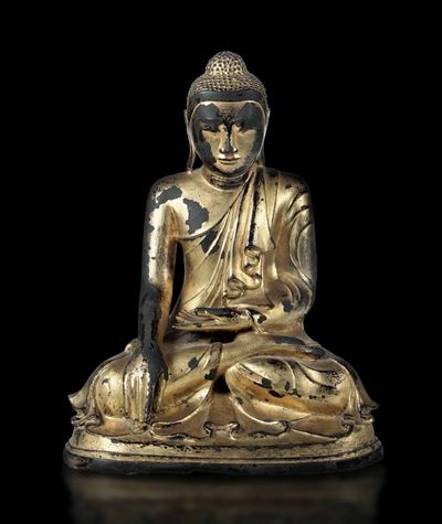 Figura di Buddha Sakyamuni in Bronzo Dorato, Thailandia, XIX Secolo