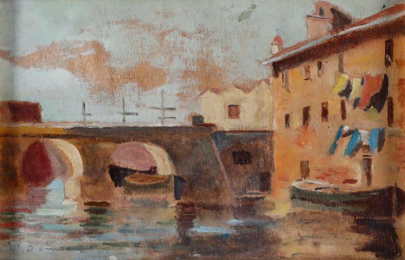 Carlo Domenici : Porto di Livorno  - olio su tavola - Auction 19th and 20th Century Paintings - Cambi Casa d'Aste