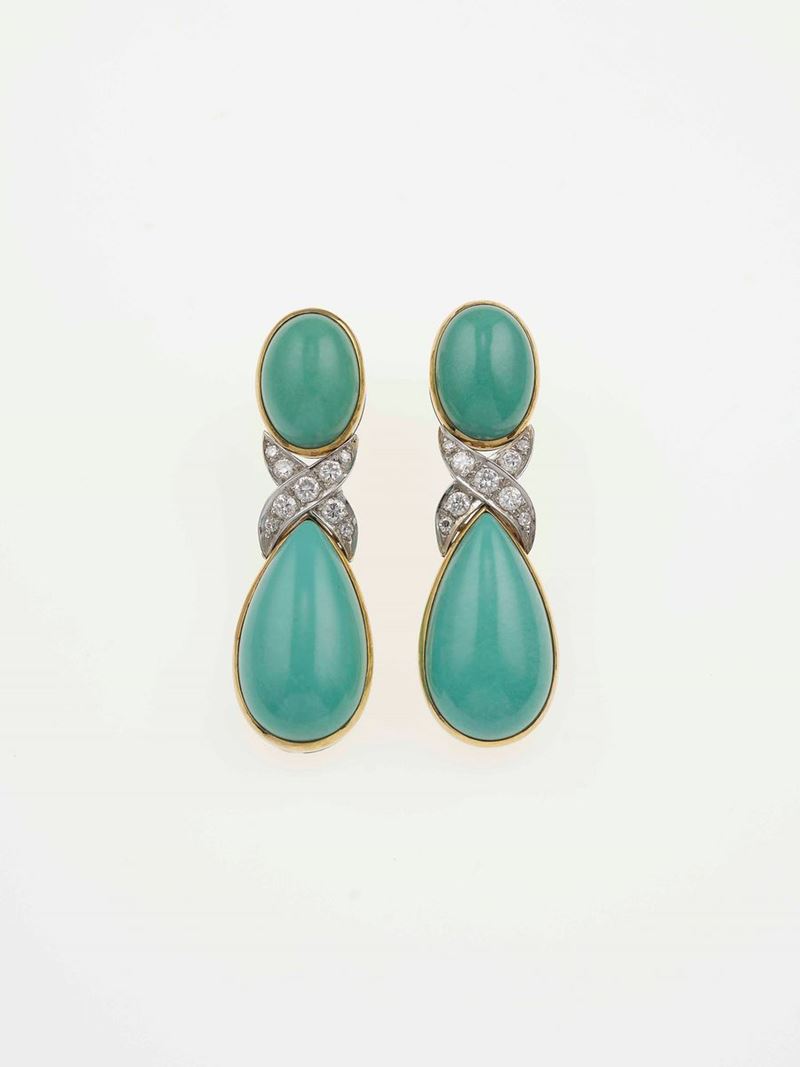 Pair of turquoise and diamond earrings  - Auction Fine Jewels - Cambi Casa d'Aste
