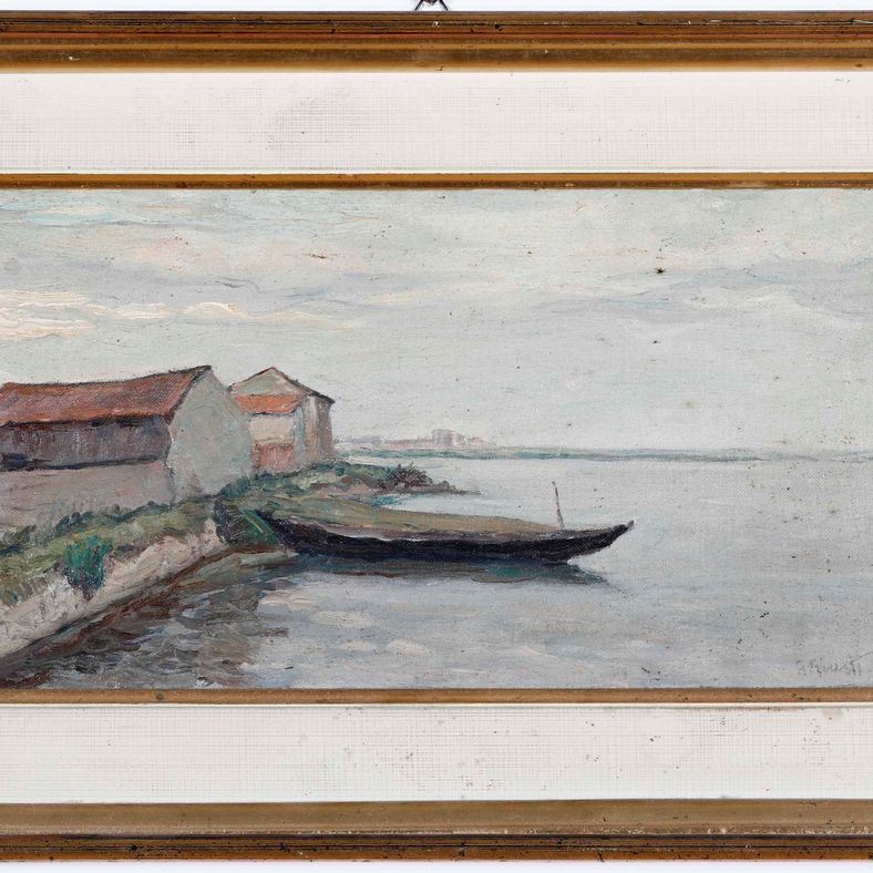 G. Giusti Marina con barca  - olio su tavoletta - Asta Dipinti del XIX e XX secolo | Cambi Time - Cambi Casa d'Aste