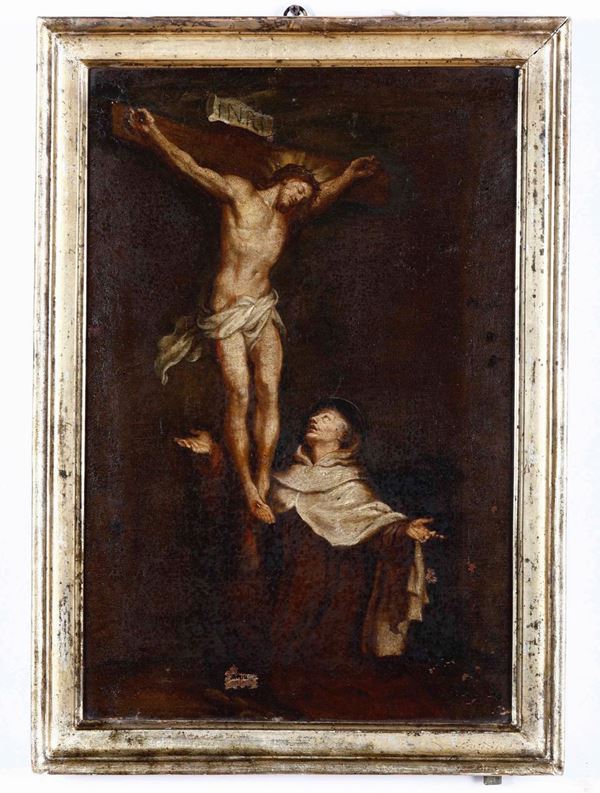 Scuola genovese del XVIII secolo Santo in contemplazione di Cristo crocifisso