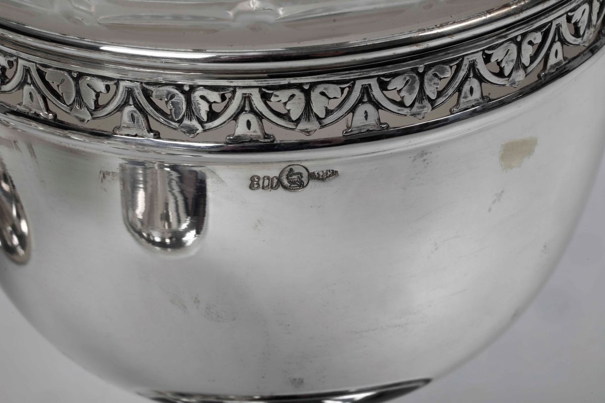 Sei Coppe Porta Caviale in Argento e Vetro. Argenteria Artistica Milanese del XX Secolo. Argentie...