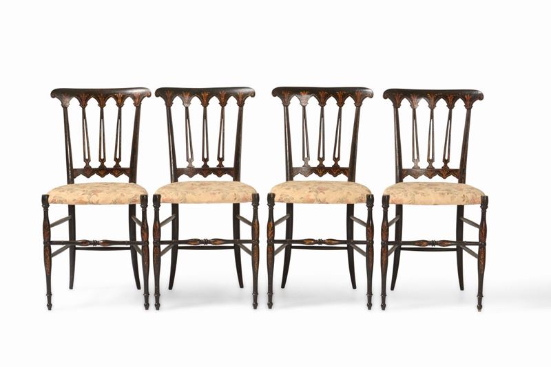 Quattro sedie tipo chiavarine in legno ebanizzato  - Auction Fine Art February | Cambi Time - Cambi Casa d'Aste