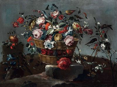 Natura Morta con Cesta di Fiori, Melograno e Uccellino