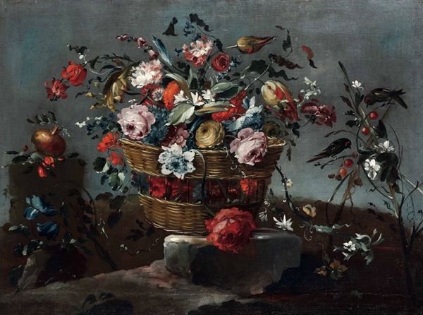 Natura morta con cesta di fiori, melograno e uccellino