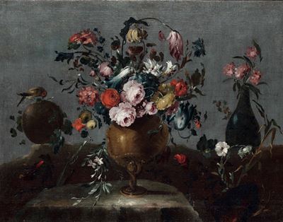 Natura Morta con Vaso di Fiori e Uccellino