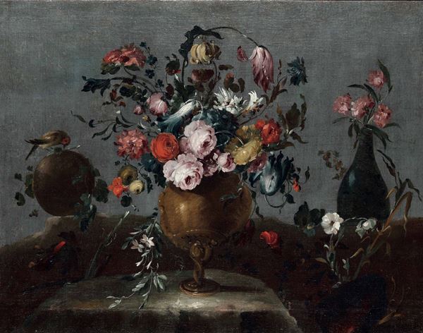 Maestro dei fiori guardeschi - Natura morta con vaso di fiori e uccellino