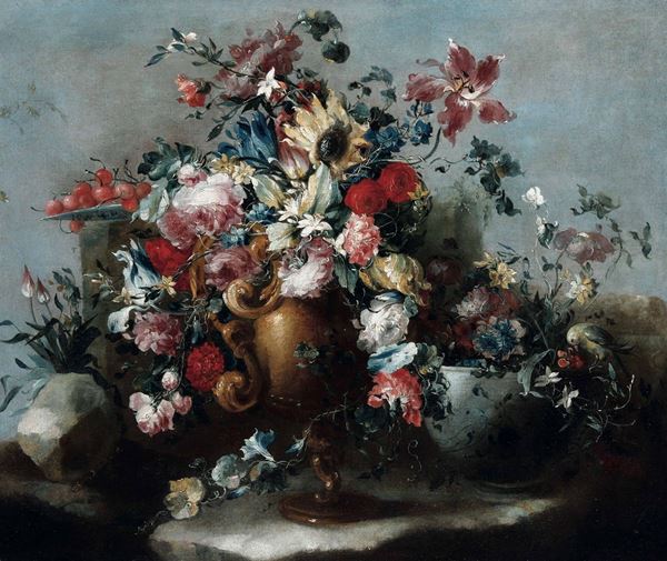 (attivo tra il 1730 e il 1760) Maestro dei fiori guardeschi - Natura morta con vaso di fiori, porcellane e ciliegie
