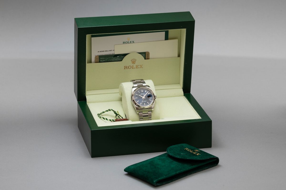Rolex - Datejust 36 MM, Ref 116234 in Acciaio con Ghiera Zigrinata in Oro Bianco, Quadrante Blu S...